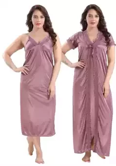 Exclusive Fashionable 2 Part Nighty Ladies Sexy Silk Satin Night Dress 2 part Sleeveless Nighties Nightgown Nightdress Lace Sleepwear Nightwear Satin Solid Women Robe Nighty Set Single Pcs Nighty and