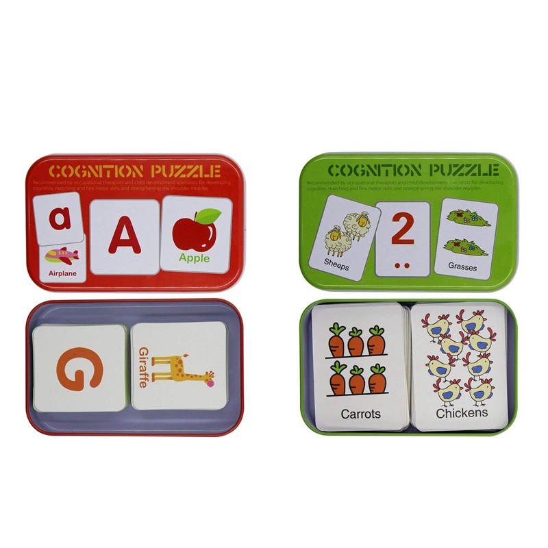 2 Set Anti-Tear Flash Cards Learning Alphabet Puzzle Cards, Matching Puzzle Cognitive Early Educational Learning Toys Mental Storage Box ,1 Set Words & 1 Set Alphabet