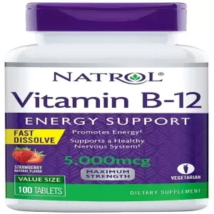 Natrol Vitamin B12 Fast Dissolve Tablets, Promotes Energy, Supports a Healthy Nervous System, Maximum Strength, Strawberry Flavor, 5,000mcg, 100 Count, USA