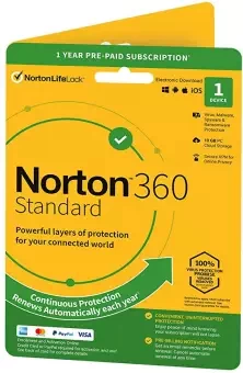 Norton 360 Standard - 1 User 1 Year Includes Secure VPN & Firewall Total Security for PC, Mac, Android or iOS