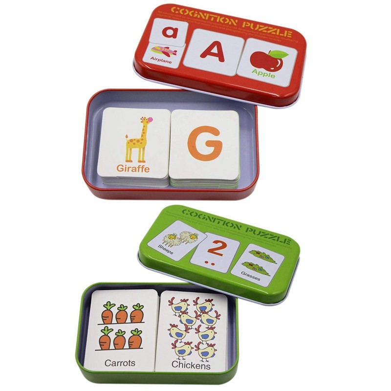 2 Set Anti-Tear Flash Cards Learning Alphabet Puzzle Cards, Matching Puzzle Cognitive Early Educational Learning Toys Mental Storage Box ,1 Set Words & 1 Set Alphabet