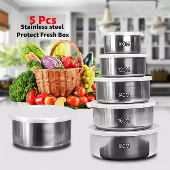 Stainless steel Storage Bowls 5Pcs Set With Food-Grade Plastic Cover,Protect Fresh box 5 Pcs Bowls Set,5-Piece Bowl Set Airtight