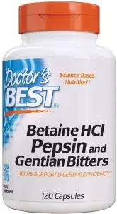Doctor's Best Betaine HCI Pepsin & Gentian Bitters, Digestive Enzymes for Protein Breakdown & Absorption, Non-GMO, Gluten Free, 120 Caps, USA