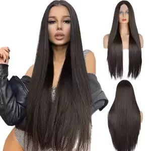 Women's Wig Long Straight Middle Part Black Synthetic Hair Wigs with Gorgeous Looking Bangs Heat Resistant Soft Fiber Hair Replacement Wig for Women Daily Use