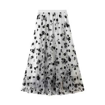 Women Tutu Tulle Skirts, Elastic High Waist Floral Print Mesh Overlay Layered A Line Midi Skirt