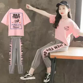 New Teen Girl Summer Sports Set Short Sleeved T-shirt +Pants 3-15 Years 2PCS Cotton Casual Outfit