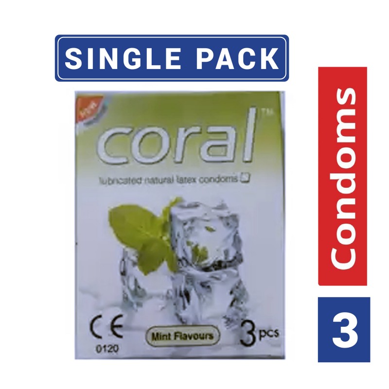 কোরাল-মিন্ট ফ্লেভারস লুব্রিকেটেড ন্যাচারাল ল্যাটেক্স কনডম-সিঙ্গেল প্যাক-3x1 = 3 পিস