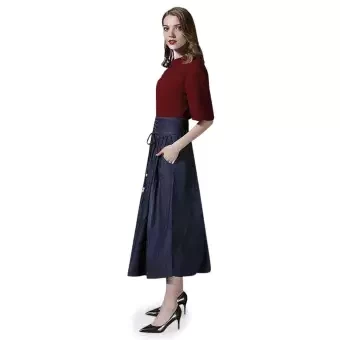 women's denim skirt Pleated elegant skirt with belt High-waisted skirt with long denim skirt