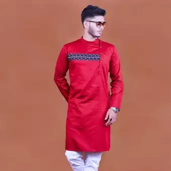 Maroon Cotton Casual Semi Long Panjabi for Men