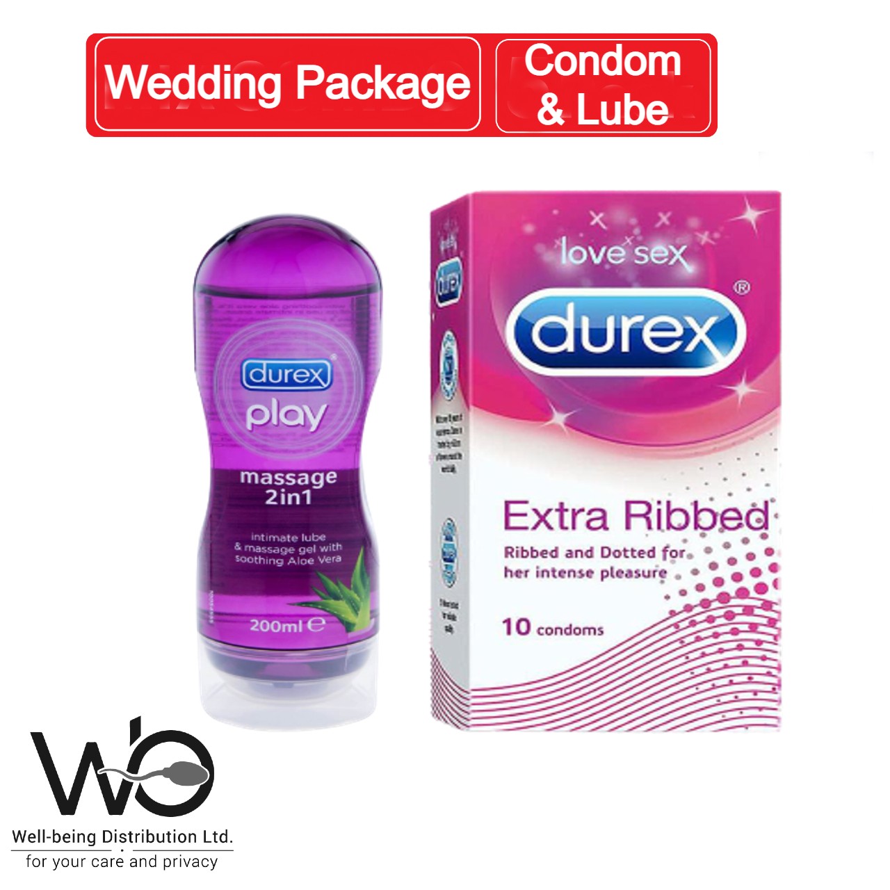 Durex Wedding Package - Durex Extra Ribbed Condom 10pcs Single Pack & Durex Play 2 in 1 Soothing Aloe Vera 200ml