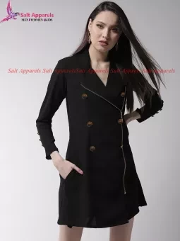 Black solid V-neck Jacket dress for ladies