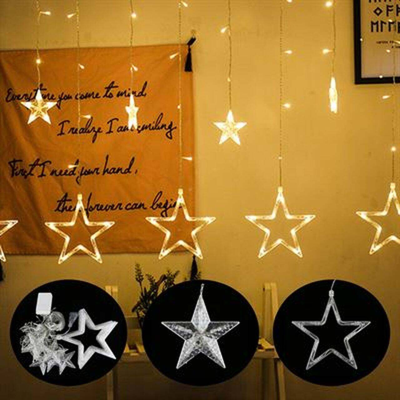 Golden Big Star Curtain Light, 12 Hanging Golden Star String Lights, Drawing room decoration LED Curtain String Light (Darun Online Shop)