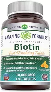 Amazing Formulas Biotin Fast Dissolving 10000 Mcg Tablets, Citrus Flavor -Supports Healthy Hair, Skin & Nails -Promotes Cell Rejuvenation -Supports Healthy Metabolism, 120 Tablets, USA