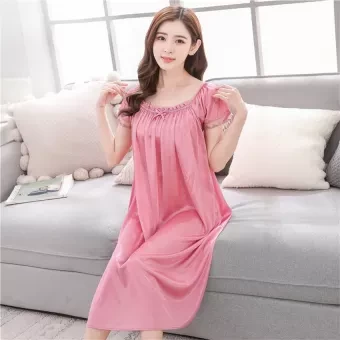 LouisWill Women Nightdress Loungewear Satin Pajamas Long Dress Short Sleeves Robe Lace Round Neck Dress Sleepwear Nightwear Set Plus Size Home Dress
