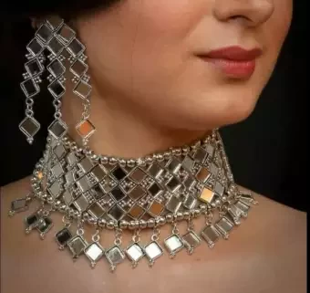 Glass Traditional indian mirror choker set, mirror choker necklace set earring set for women /girls