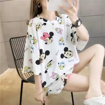 Summer New Korean Style T Shirt for Women Fashion Cartoon Print Big Size Clothes M-XL
