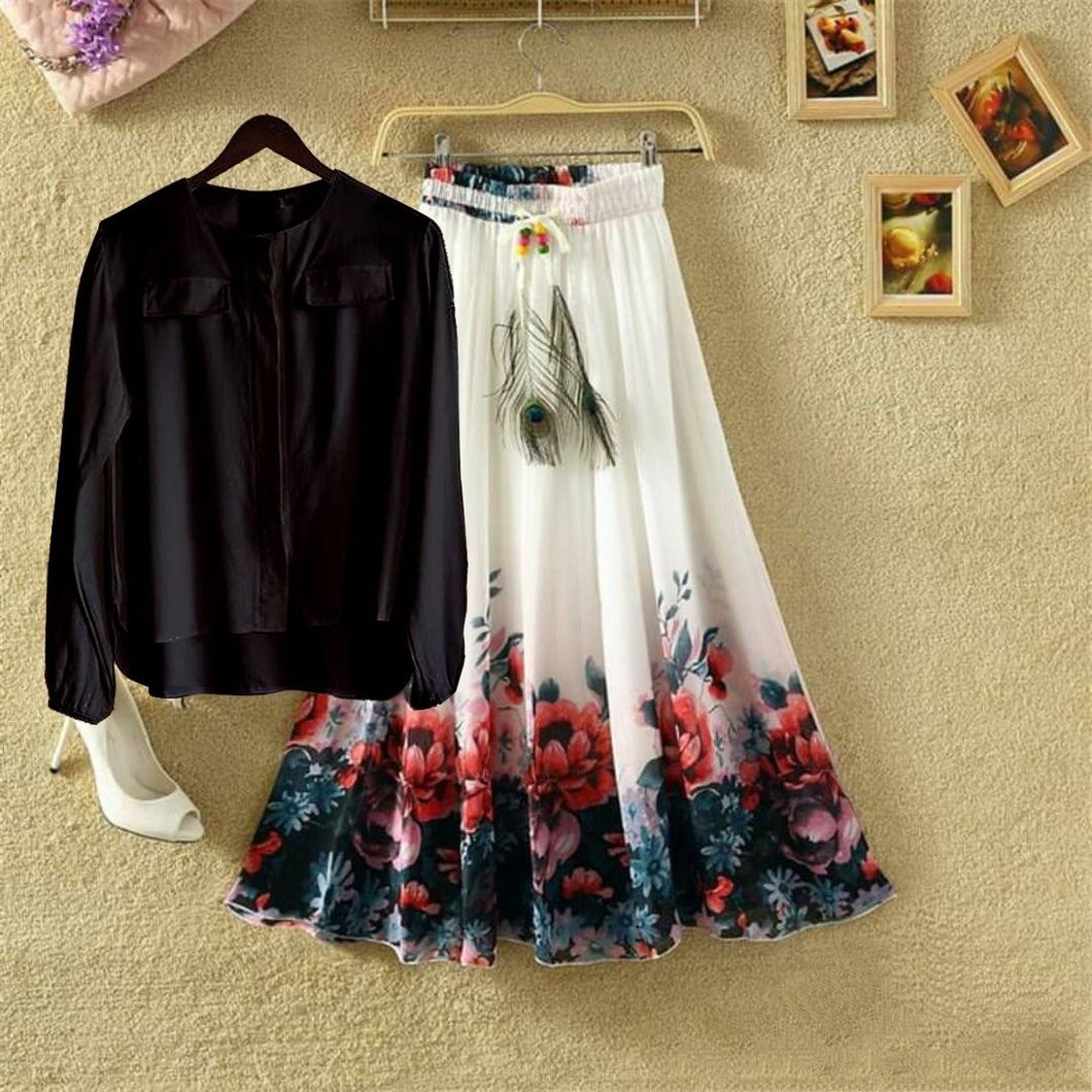 Women Tops And Skirt Digital Printed Two Piece Set